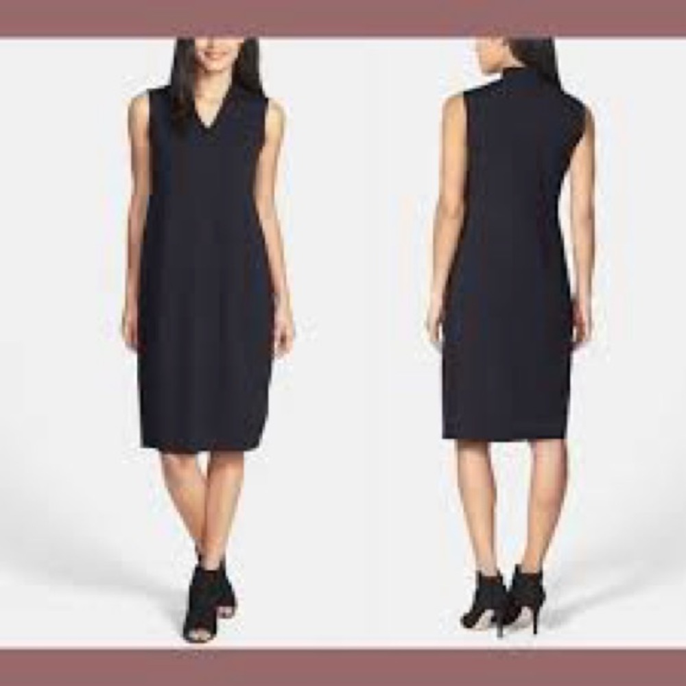 Eileen Fisher V Neck Elegant Black Midi Sleeveless Dress size Medium